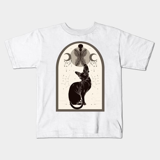 Love Catually Sphynx Kitten in Boho Style With Triple Goddess Moon Kids T-Shirt by penandbea